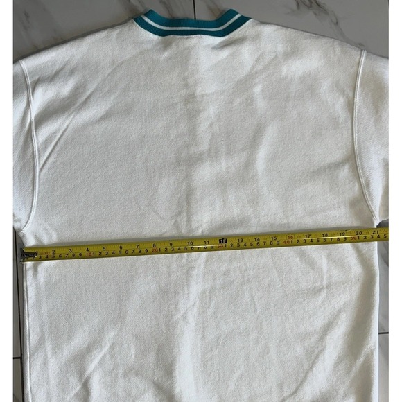 Vintage 90s LA LOVING Textured Knit Crewneck Sweatshirt Men's L‎ White Teal USA - Picture 11 of 15